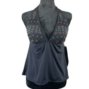 Coco Reef Black Embellished Halter Tankini Swim Top